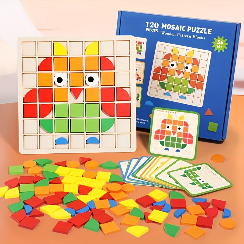 Un ensemble de puzzle mosa?que en bois 3D avec 20 cartes pour l'entra?nement et l'association de blocs. Capacit¨¦ de reconnaissance des couleurs adapt¨¦e aux gar?ons et aux filles. Cadeaux pour No?l, Nouvel An et la rentr¨¦e scolaire