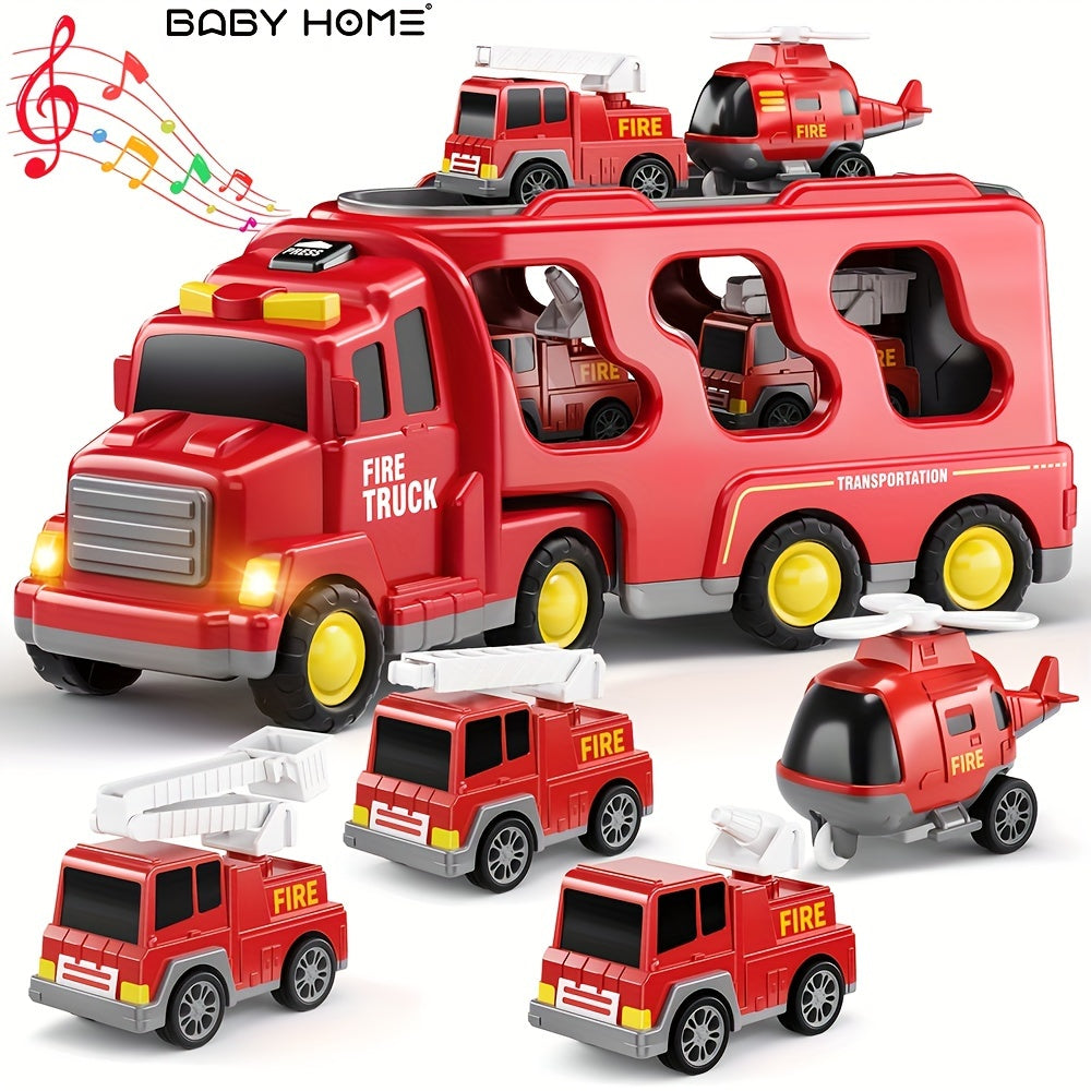 BABY HOME 5-en-1 Camion de Pompiers, V¨¦hicules Interchangeables en Plastique Rouge, Voitures Jouets ¨¤ Friction pour Enfants de 3 ¨¤ 9 Ans, Cadeau Id¨¦al pour No?l et Anniversaire pour Gar?ons et Filles