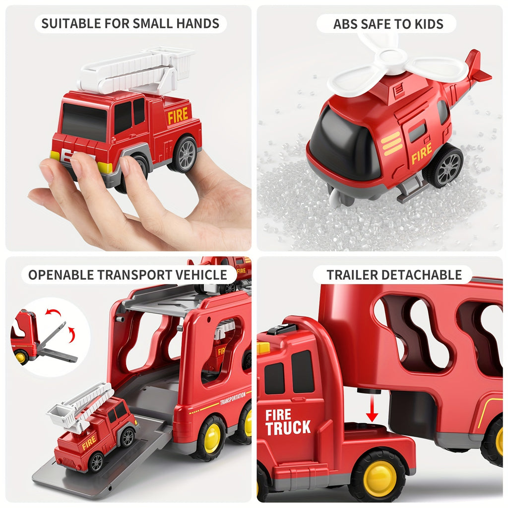 BABY HOME 5-en-1 Camion de Pompiers, V¨¦hicules Interchangeables en Plastique Rouge, Voitures Jouets ¨¤ Friction pour Enfants de 3 ¨¤ 9 Ans, Cadeau Id¨¦al pour No?l et Anniversaire pour Gar?ons et Filles