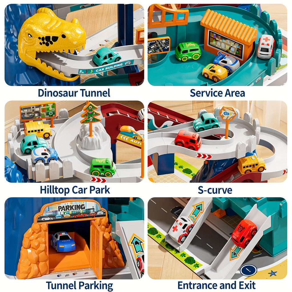 Ensemble de Jeu Aventure Tunnel Dinosaure pour Gar?ons 3-5 Ans, Ensemble de Jeux avec Voie Ferr¨¦e et Collines ¨¤ Gratter en Forme de Dinosaures, Mini Voitures de Course, Jouets de Piste Rampe pour Enfants, Cadeau Id¨¦al pour les Vacances