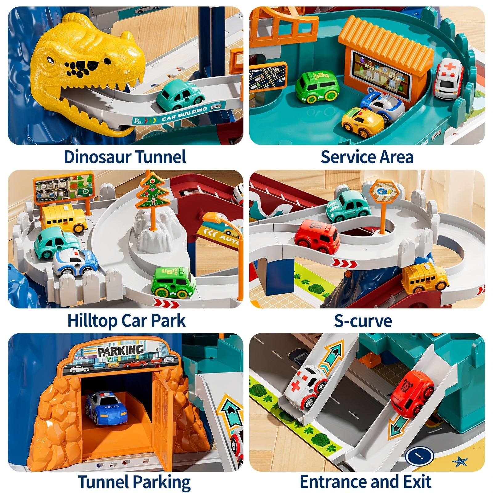 Ensemble de Jeu Aventure Tunnel Dinosaure pour Gar?ons 3-5 Ans, Ensemble de Jeux avec Voie Ferr¨¦e et Collines ¨¤ Gratter en Forme de Dinosaures, Mini Voitures de Course, Jouets de Piste Rampe pour Enfants, Cadeau Id¨¦al pour les Vacances