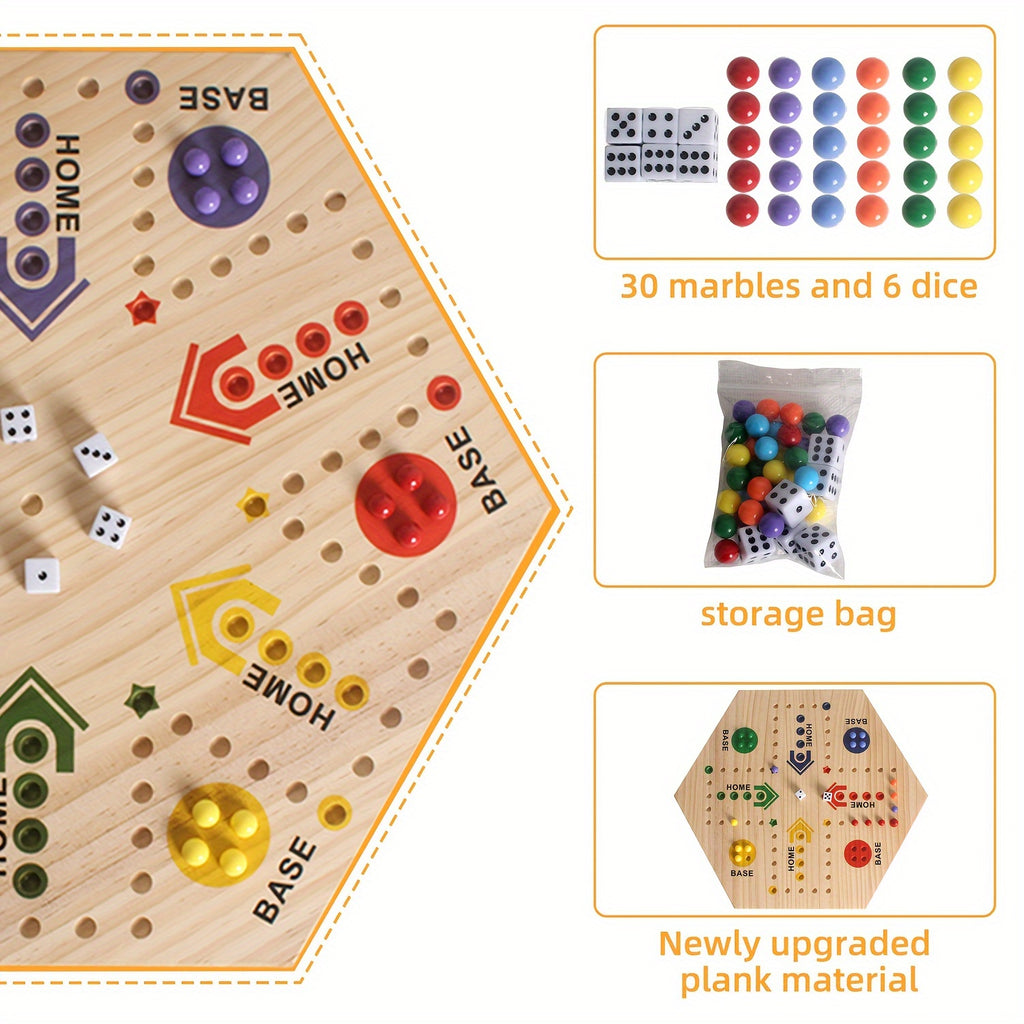 Jeu d'¨¦checs en Bois 1 pi¨¨ce, Peint ¨¤ Double Face pour 2-6 Joueurs avec ¨¦checs Volants et 24 Billes de 6 Couleurs + 6 D¨¦s, Adapt¨¦ aux F¨ºtes, Adultes, Famille & Amis