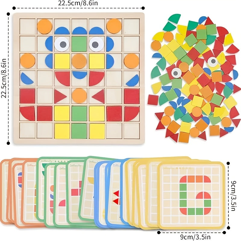 Un ensemble de puzzle mosa?que en bois 3D avec 20 cartes pour l'entra?nement et l'association de blocs. Capacit¨¦ de reconnaissance des couleurs adapt¨¦e aux gar?ons et aux filles. Cadeaux pour No?l, Nouvel An et la rentr¨¦e scolaire