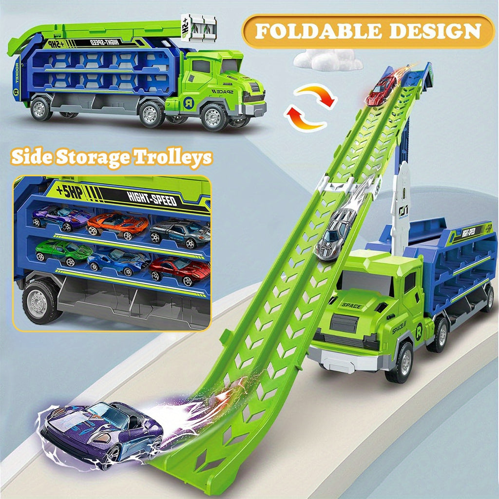 Voiture de Course ¨¤ Friction avec Piste de Transport, Camion Dinosaure et Voitures ¨¤ ¨¦jection pour Enfants 3-6 Ans - Jouet Cadeau Ensemble de V¨¦hicules Pliables