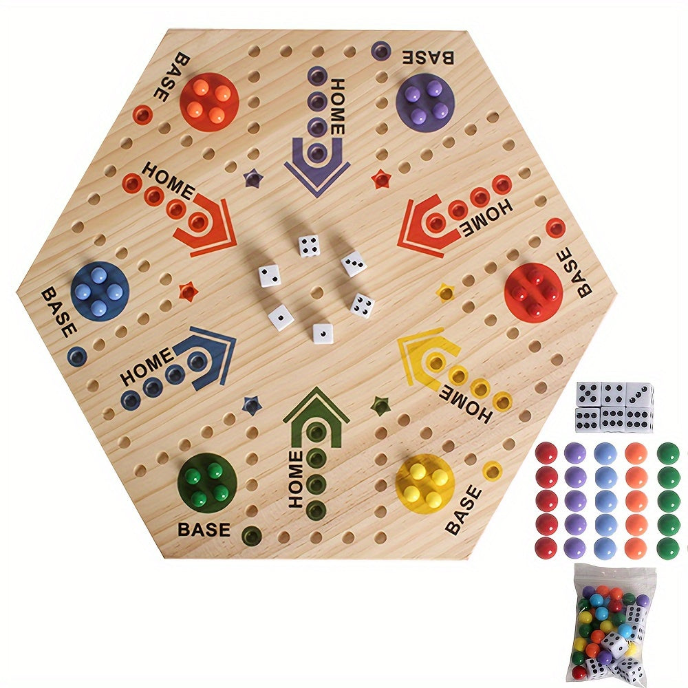 Jeu d'¨¦checs en Bois 1 pi¨¨ce, Peint ¨¤ Double Face pour 2-6 Joueurs avec ¨¦checs Volants et 24 Billes de 6 Couleurs + 6 D¨¦s, Adapt¨¦ aux F¨ºtes, Adultes, Famille & Amis