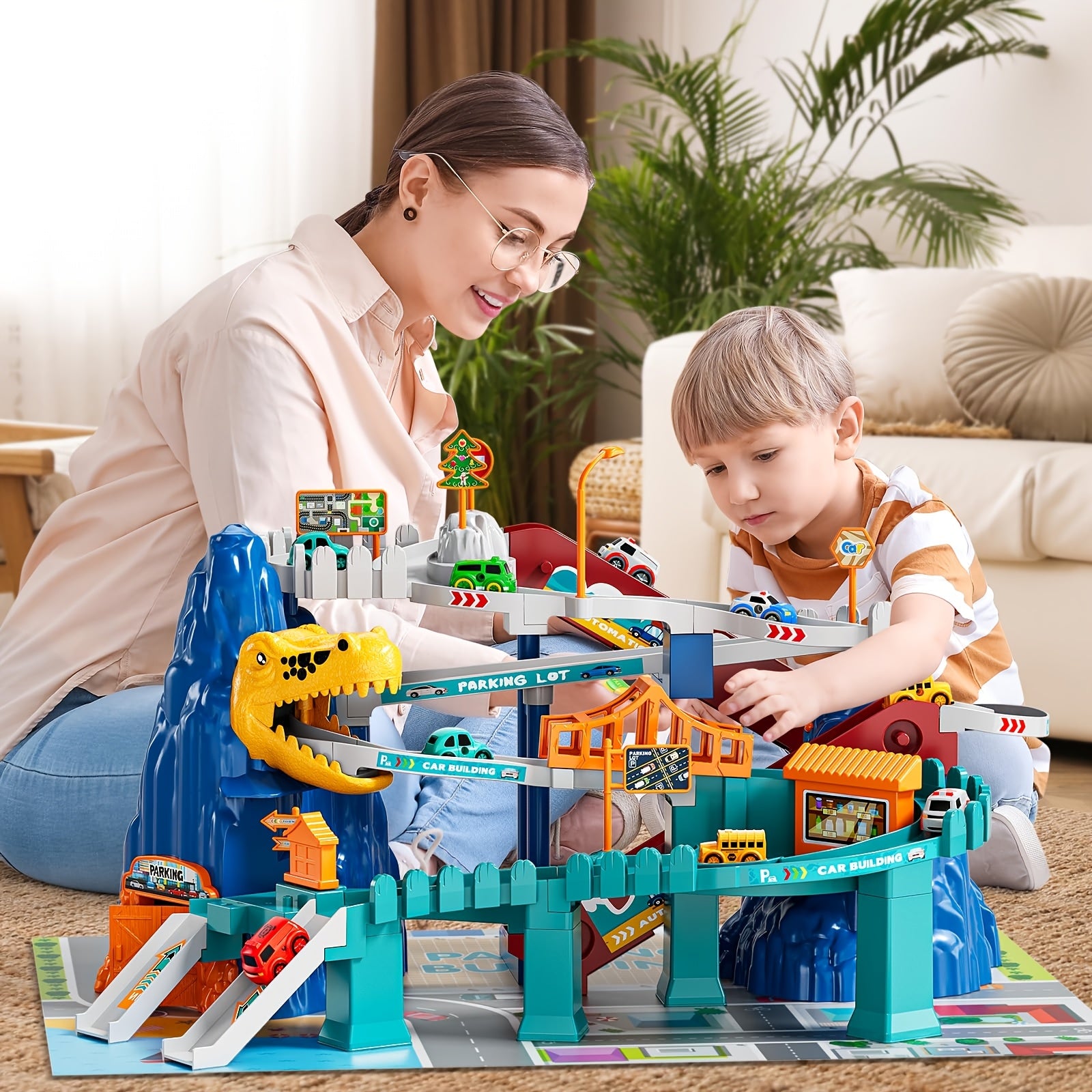 Ensemble de Jeu Aventure Tunnel Dinosaure pour Gar?ons 3-5 Ans, Ensemble de Jeux avec Voie Ferr¨¦e et Collines ¨¤ Gratter en Forme de Dinosaures, Mini Voitures de Course, Jouets de Piste Rampe pour Enfants, Cadeau Id¨¦al pour les Vacances