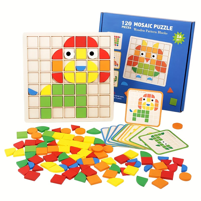 Un ensemble de puzzle mosa?que en bois 3D avec 20 cartes pour l'entra?nement et l'association de blocs. Capacit¨¦ de reconnaissance des couleurs adapt¨¦e aux gar?ons et aux filles. Cadeaux pour No?l, Nouvel An et la rentr¨¦e scolaire