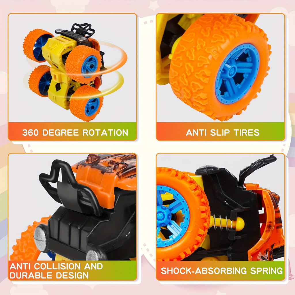 4 camions monstres ¨¤ friction pour enfants 3+ | Avance par pouss¨¦e, voitures ¨¤ inertie bidirectionnelles avec rotation ¨¤ 360¡ã | Jeu de v¨¦hicules solides ¨¤ rappel - Cadeau d'anniversaire id¨¦al