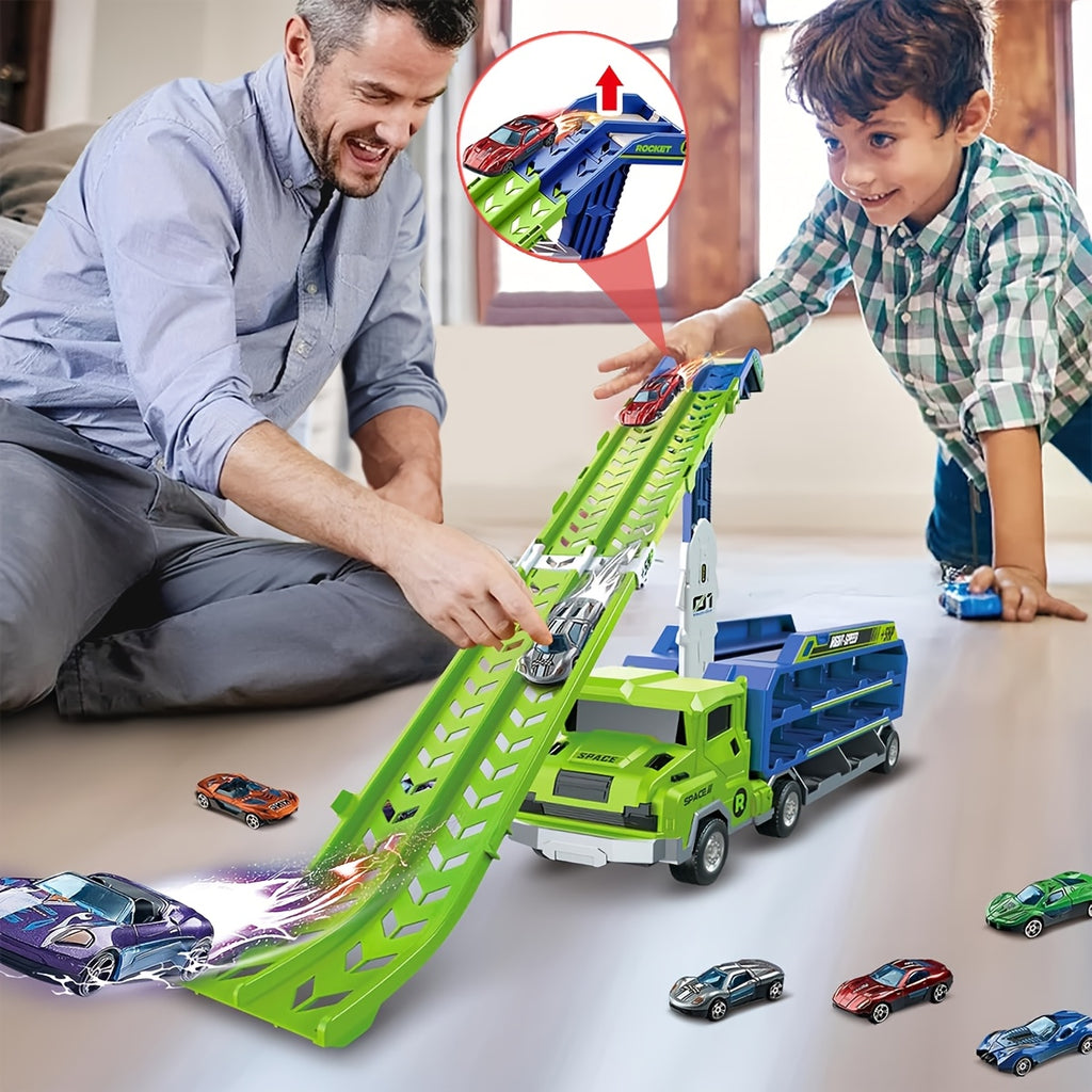 Voiture de Course ¨¤ Friction avec Piste de Transport, Camion Dinosaure et Voitures ¨¤ ¨¦jection pour Enfants 3-6 Ans - Jouet Cadeau Ensemble de V¨¦hicules Pliables