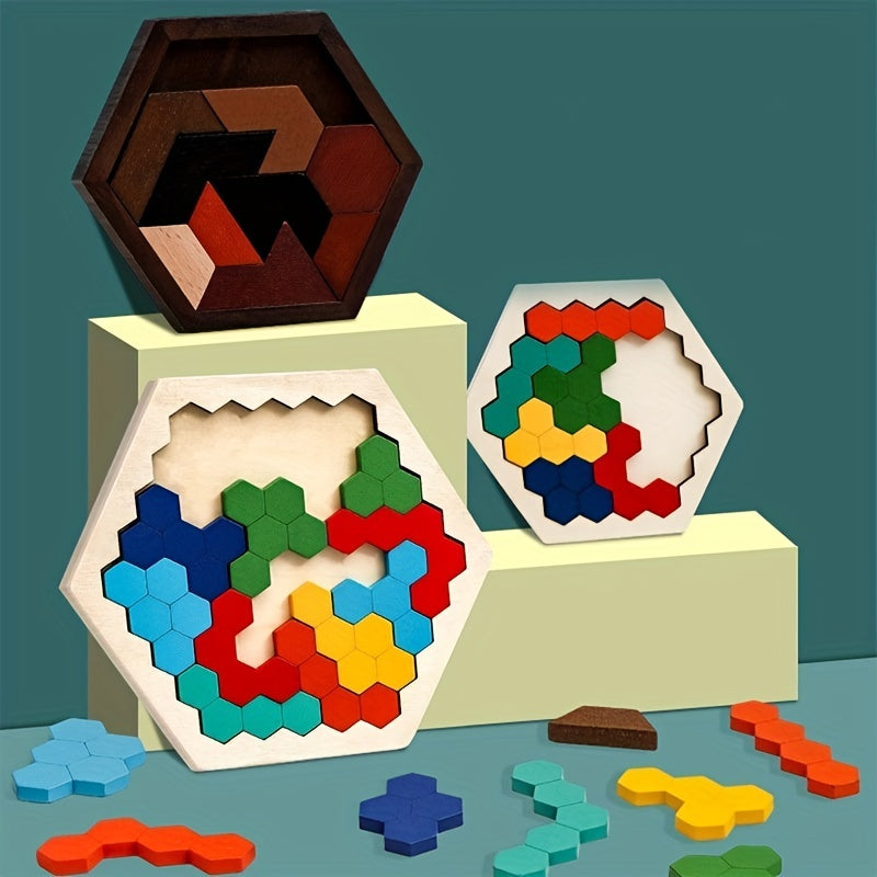 Puzzles en bois hexagonaux en 3D pour enfants, con?us comme jouets ¨¦ducatifs. Ces jeux de Tangram sont parfaits pour tester l'intelligence et font des cadeaux de No?l et de vacances.