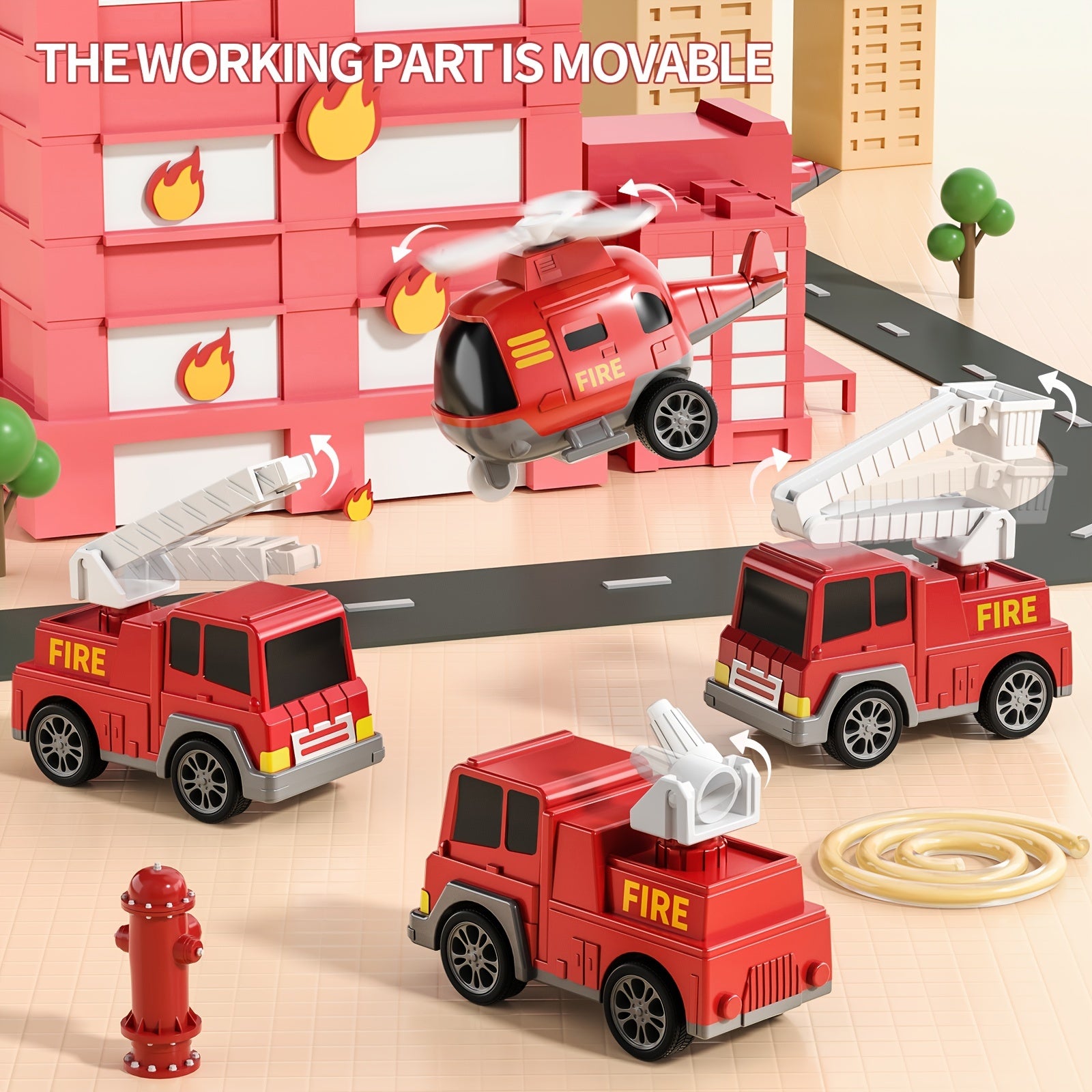 BABY HOME 5-en-1 Camion de Pompiers, V¨¦hicules Interchangeables en Plastique Rouge, Voitures Jouets ¨¤ Friction pour Enfants de 3 ¨¤ 9 Ans, Cadeau Id¨¦al pour No?l et Anniversaire pour Gar?ons et Filles