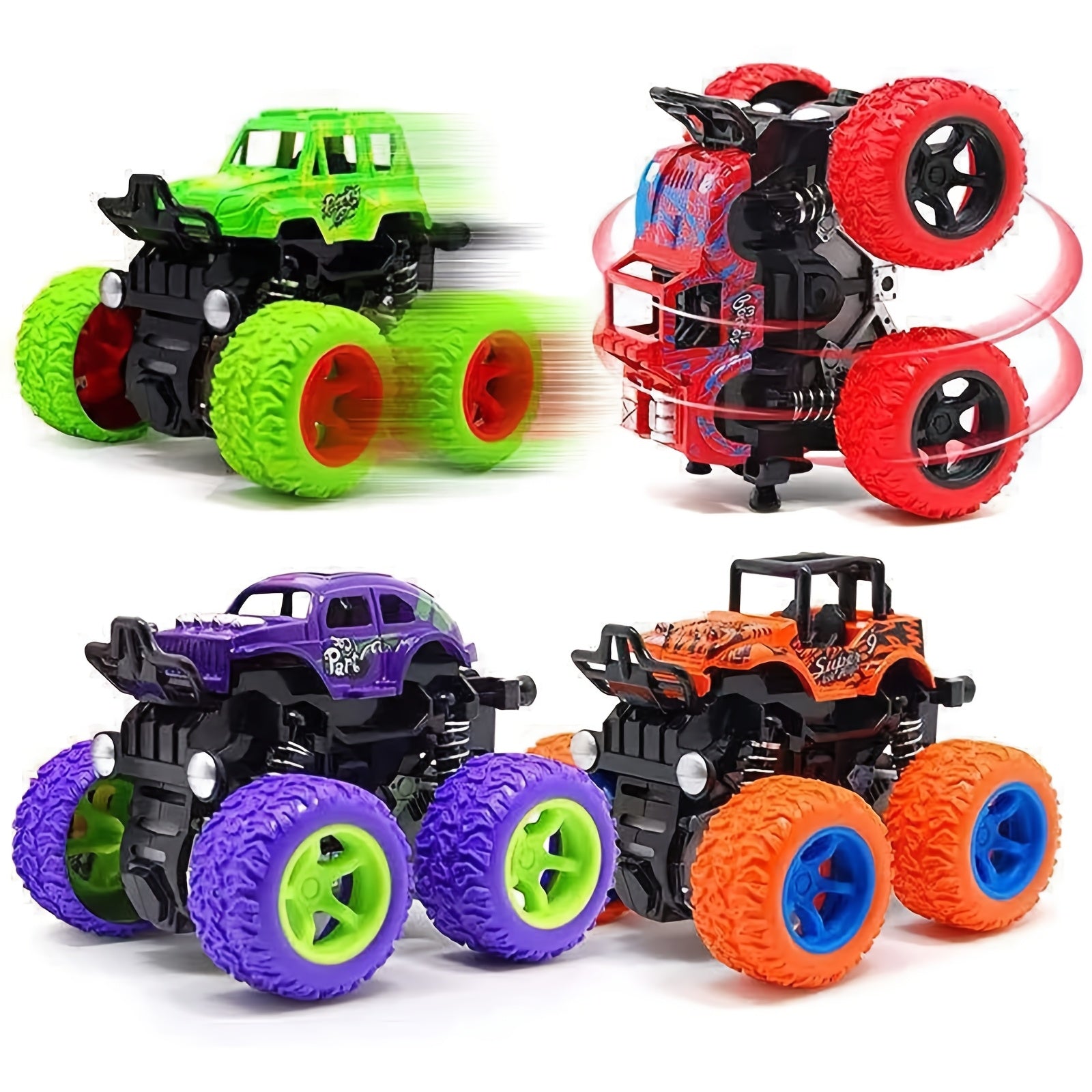 4 camions monstres ¨¤ friction pour enfants 3+ | Avance par pouss¨¦e, voitures ¨¤ inertie bidirectionnelles avec rotation ¨¤ 360¡ã | Jeu de v¨¦hicules solides ¨¤ rappel - Cadeau d'anniversaire id¨¦al