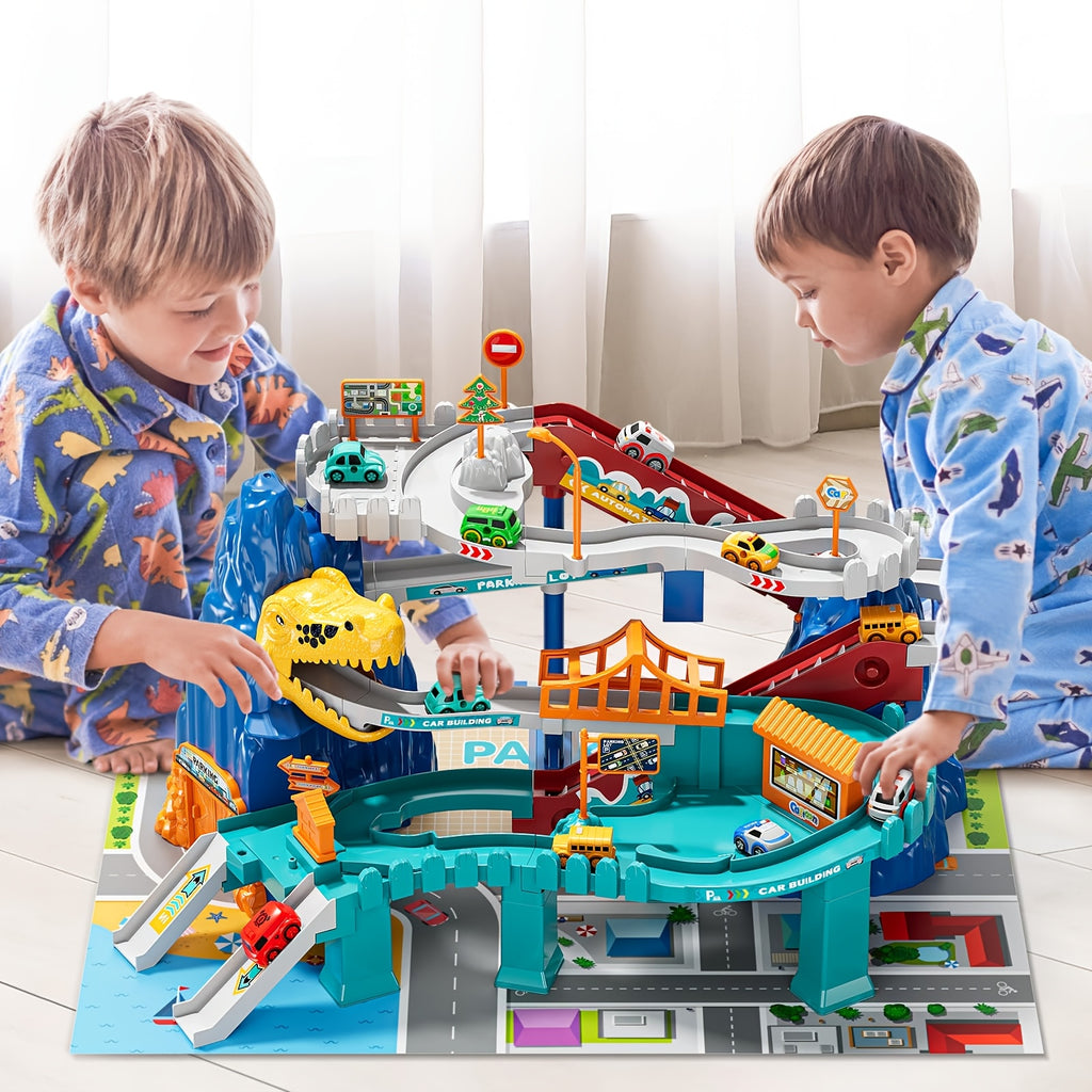 Ensemble de Jeu Aventure Tunnel Dinosaure pour Gar?ons 3-5 Ans, Ensemble de Jeux avec Voie Ferr¨¦e et Collines ¨¤ Gratter en Forme de Dinosaures, Mini Voitures de Course, Jouets de Piste Rampe pour Enfants, Cadeau Id¨¦al pour les Vacances