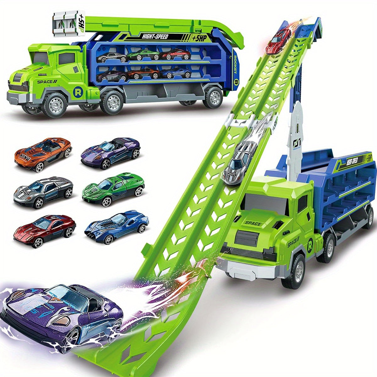 Voiture de Course ¨¤ Friction avec Piste de Transport, Camion Dinosaure et Voitures ¨¤ ¨¦jection pour Enfants 3-6 Ans - Jouet Cadeau Ensemble de V¨¦hicules Pliables