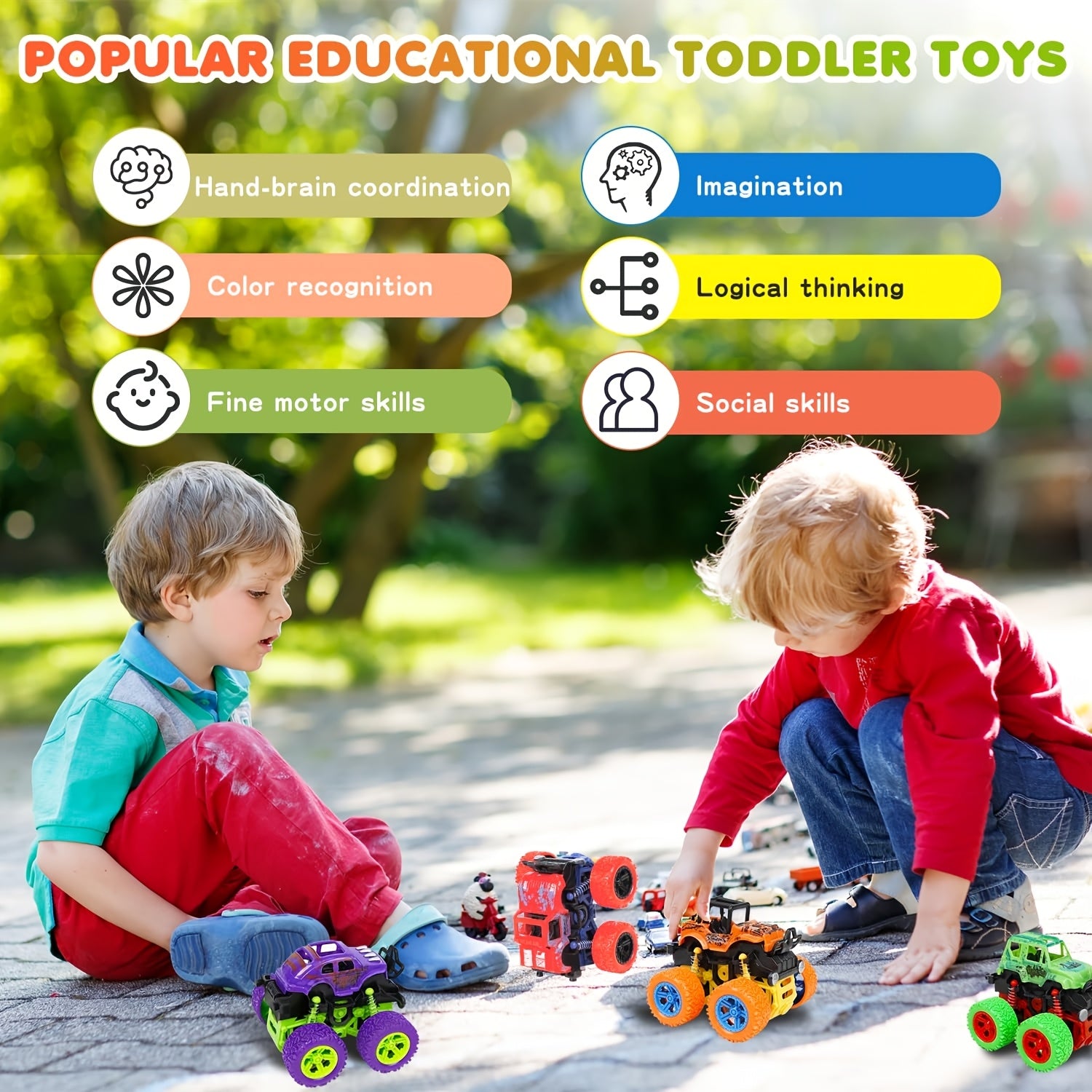 4 camions monstres ¨¤ friction pour enfants 3+ | Avance par pouss¨¦e, voitures ¨¤ inertie bidirectionnelles avec rotation ¨¤ 360¡ã | Jeu de v¨¦hicules solides ¨¤ rappel - Cadeau d'anniversaire id¨¦al